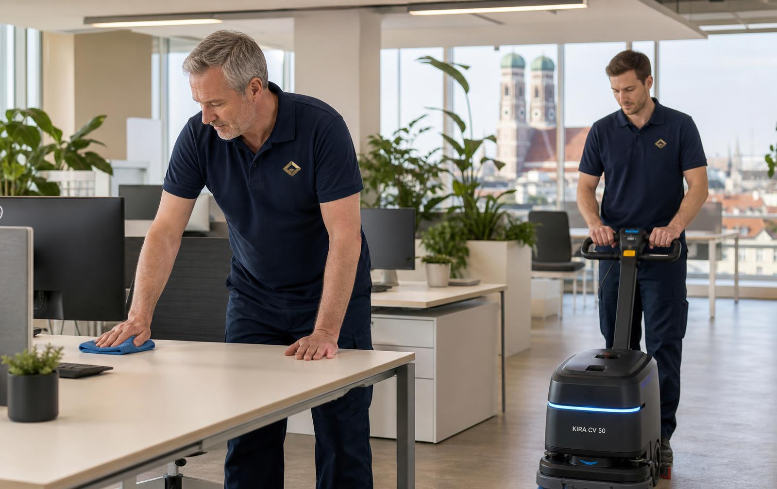Ciprian Albescu und Mihai Oara bei der Büroreinigung